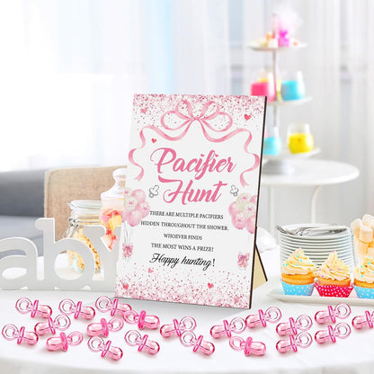 51 Pcs Pink Bow Pacifier Hunt Baby Shower Game Set for Guest