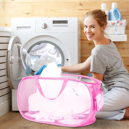 Durable Collapsible Laundry Baskets, Mesh Pop Up Laundry Hamper with Side Pocket, Foldable Clothes Storage Hamper with Reinforced Carry Handles for Laundry, Bathroom, Kids Room, Dorm or Travel Pink