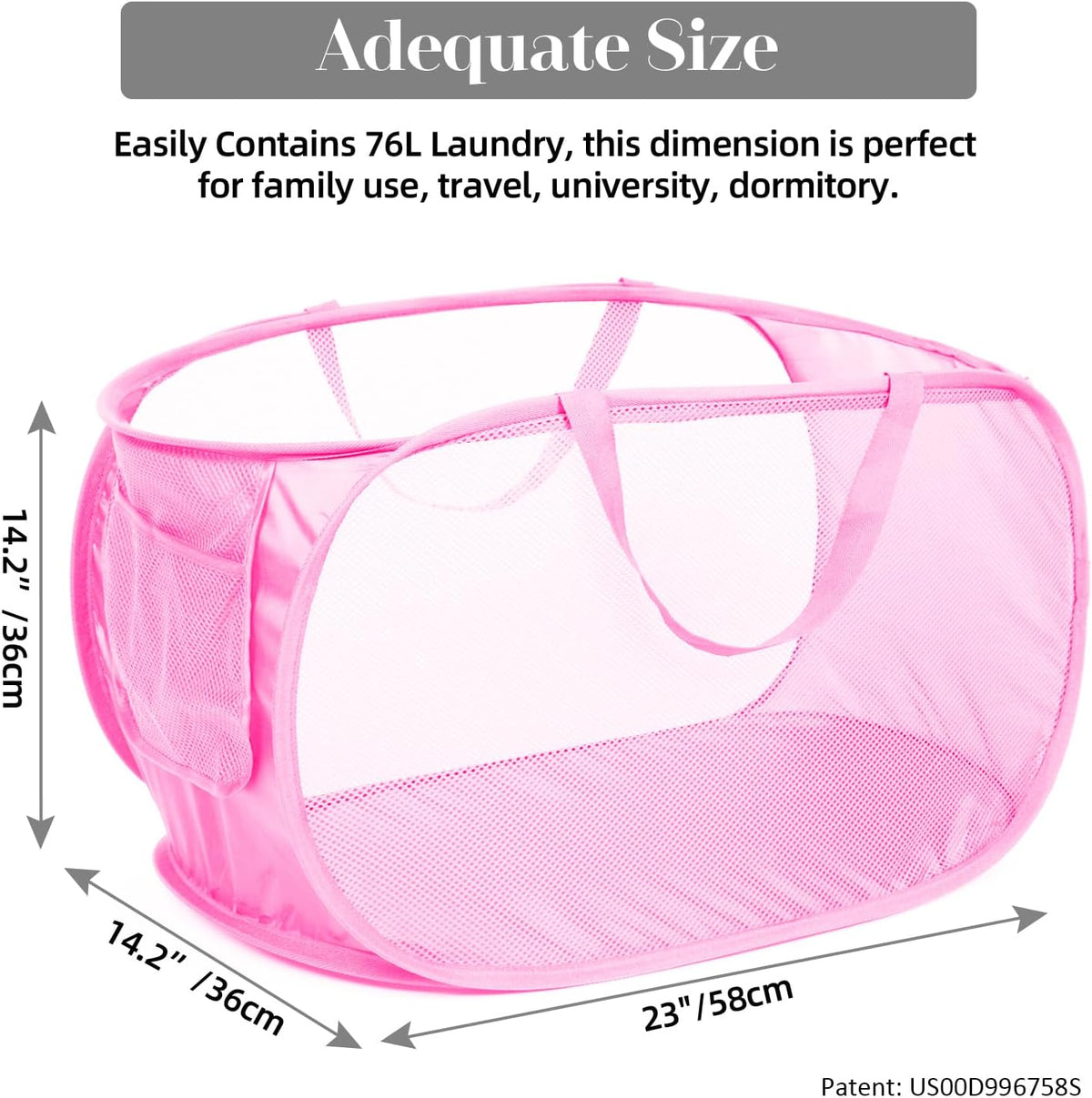 Durable Collapsible Laundry Baskets, Mesh Pop Up Laundry Hamper with Side Pocket, Foldable Clothes Storage Hamper with Reinforced Carry Handles for Laundry, Bathroom, Kids Room, Dorm or Travel Pink