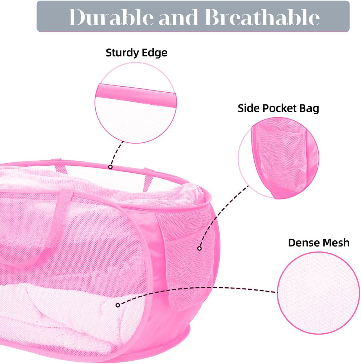 Durable Collapsible Laundry Baskets, Mesh Pop Up Laundry Hamper with Side Pocket, Foldable Clothes Storage Hamper with Reinforced Carry Handles for Laundry, Bathroom, Kids Room, Dorm or Travel Pink