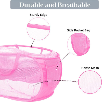 Durable Collapsible Laundry Baskets, Mesh Pop Up Laundry Hamper with Side Pocket, Foldable Clothes Storage Hamper with Reinforced Carry Handles for Laundry, Bathroom, Kids Room, Dorm or Travel Pink