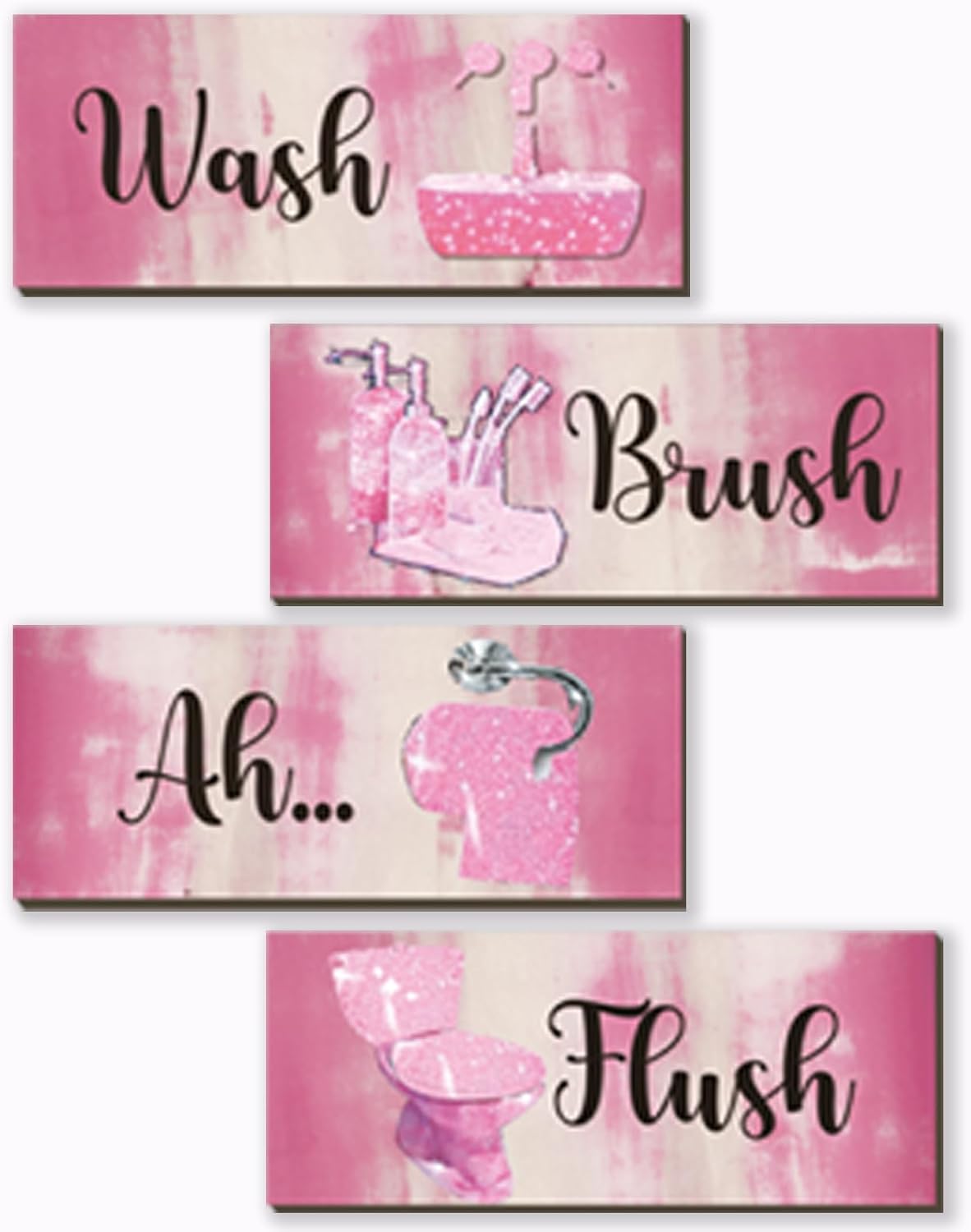 4 Pcs Pink Bathroom Decor Abstract Wall Decor Wooden Pink Bathroom Accessories Modern Funny Glitter Wall Art for Home Toilet Decoration 10x4 Inches