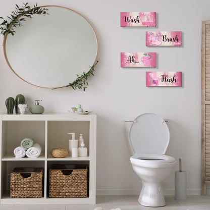 4 Pcs Pink Bathroom Decor Abstract Wall Decor Wooden Pink Bathroom Accessories Modern Funny Glitter Wall Art for Home Toilet Decoration 10x4 Inches