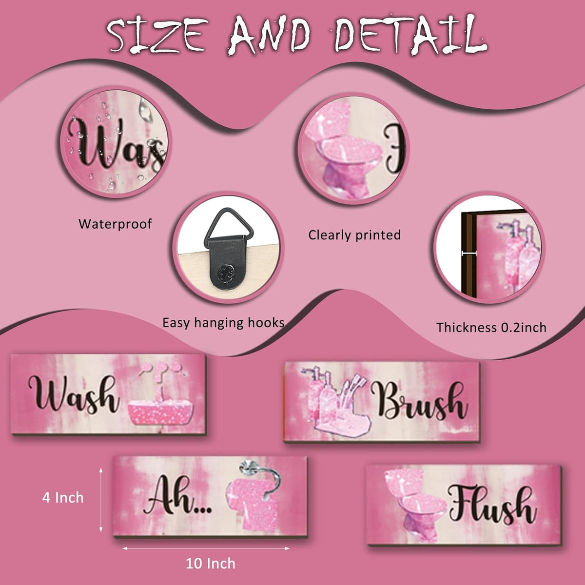 4 Pcs Pink Bathroom Decor Abstract Wall Decor Wooden Pink Bathroom Accessories Modern Funny Glitter Wall Art for Home Toilet Decoration 10x4 Inches