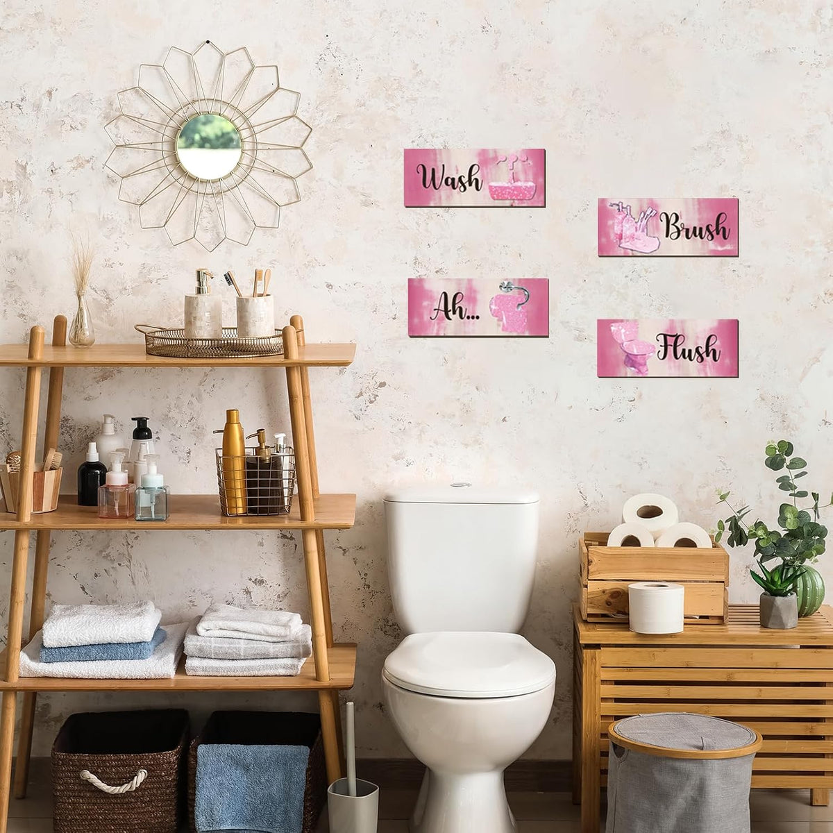 4 Pcs Pink Bathroom Decor Abstract Wall Decor Wooden Pink Bathroom Accessories Modern Funny Glitter Wall Art for Home Toilet Decoration 10x4 Inches
