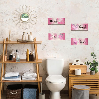 4 Pcs Pink Bathroom Decor Abstract Wall Decor Wooden Pink Bathroom Accessories Modern Funny Glitter Wall Art for Home Toilet Decoration 10x4 Inches