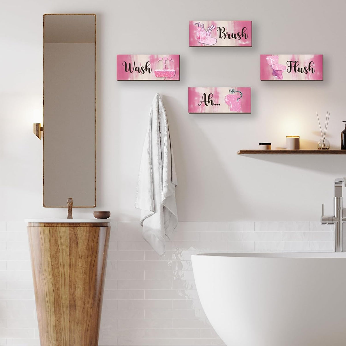 4 Pcs Pink Bathroom Decor Abstract Wall Decor Wooden Pink Bathroom Accessories Modern Funny Glitter Wall Art for Home Toilet Decoration 10x4 Inches