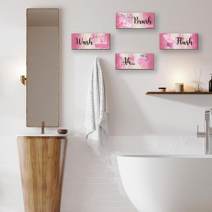 4 Pcs Pink Bathroom Decor Abstract Wall Decor Wooden Pink Bathroom Accessories Modern Funny Glitter Wall Art for Home Toilet Decoration 10x4 Inches