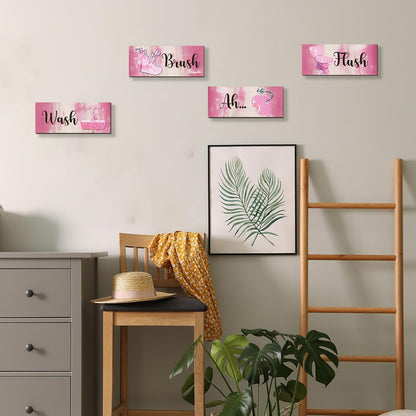 4 Pcs Pink Bathroom Decor Abstract Wall Decor Wooden Pink Bathroom Accessories Modern Funny Glitter Wall Art for Home Toilet Decoration 10x4 Inches