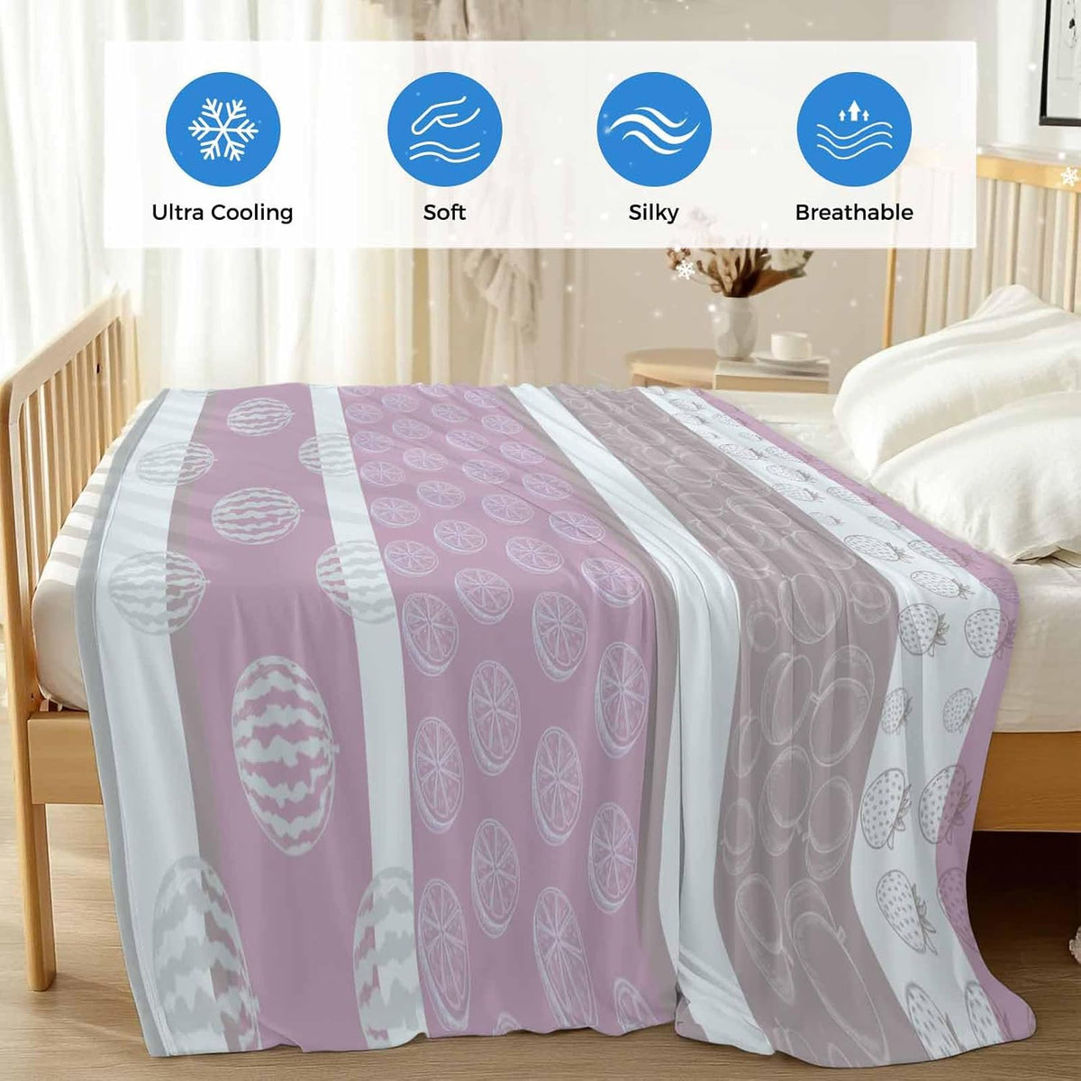 Cooling Blanket for Hot Sleepers, Farm Fruits Lightweight Breathable Summer Blanket, Watermelon Lemons Peach Pink Grey Striped Double-Side Cool Throw Blankets for Sleeping Travel, 30"x40"