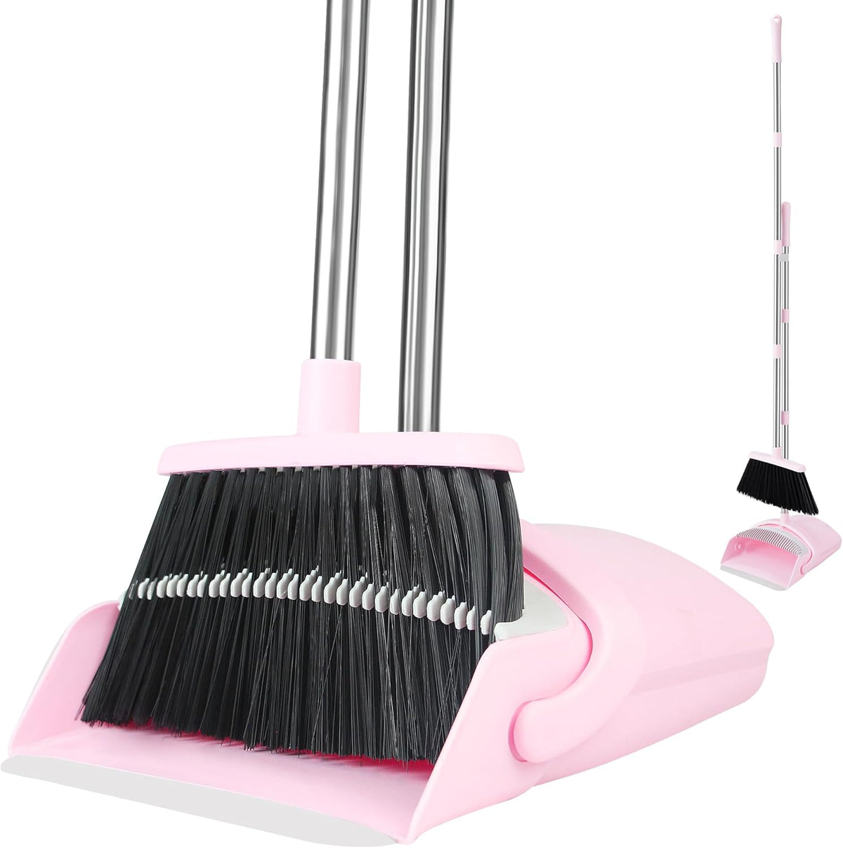 Broom and Dustpan Set for Home, 52" Long Handle Standing Broom Set with Dustpan Self-Cleaning Teeth for Hair Removal Heavy Duty Indoor Outdoor Sweeping Kit for Kitchen Garage (Pink)