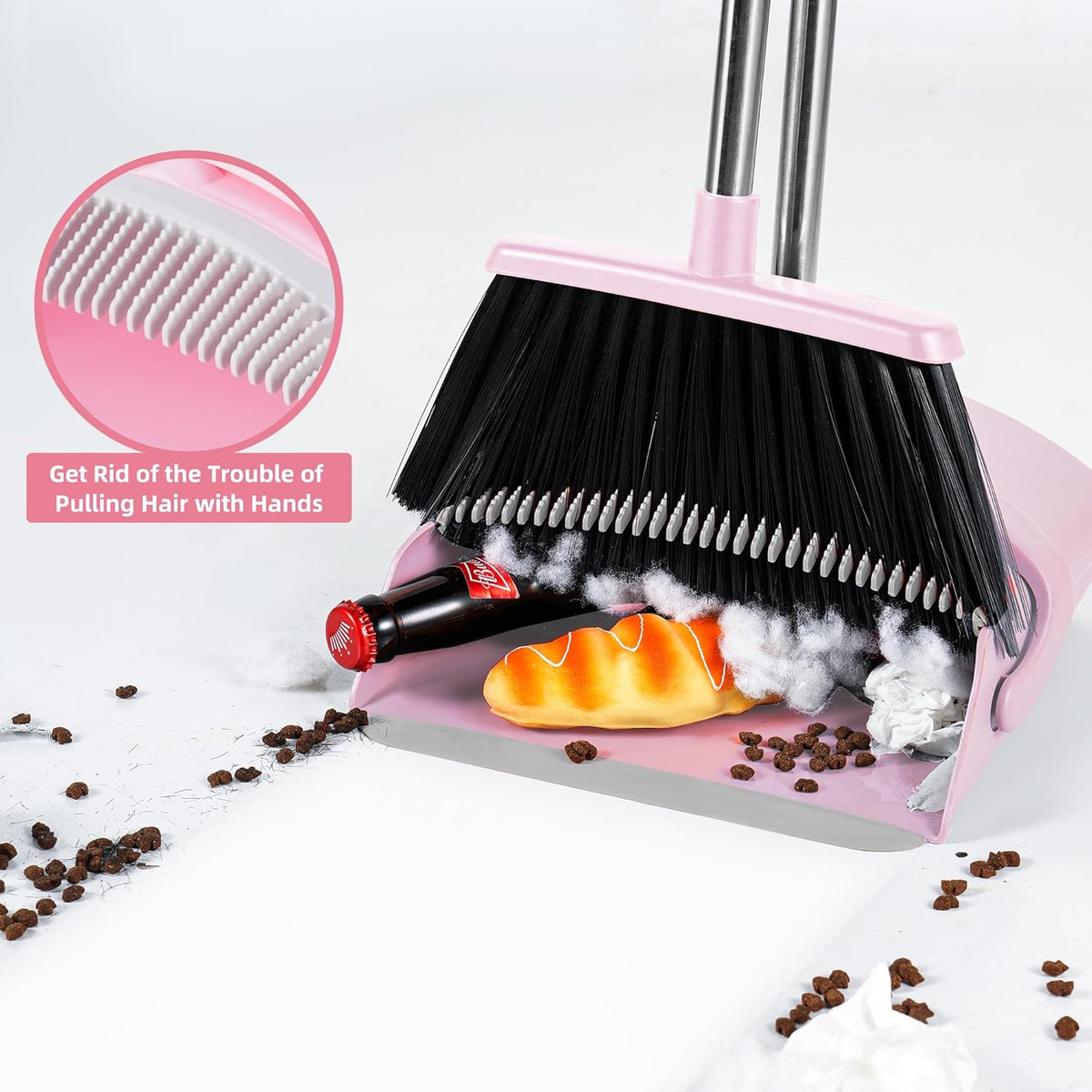 Broom and Dustpan Set for Home, 52" Long Handle Standing Broom Set with Dustpan Self-Cleaning Teeth for Hair Removal Heavy Duty Indoor Outdoor Sweeping Kit for Kitchen Garage (Pink)