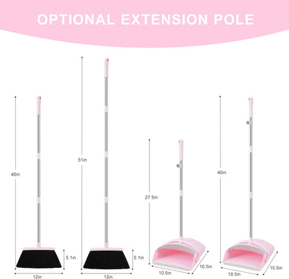 Broom and Dustpan Set for Home, 52" Long Handle Standing Broom Set with Dustpan Self-Cleaning Teeth for Hair Removal Heavy Duty Indoor Outdoor Sweeping Kit for Kitchen Garage (Pink)