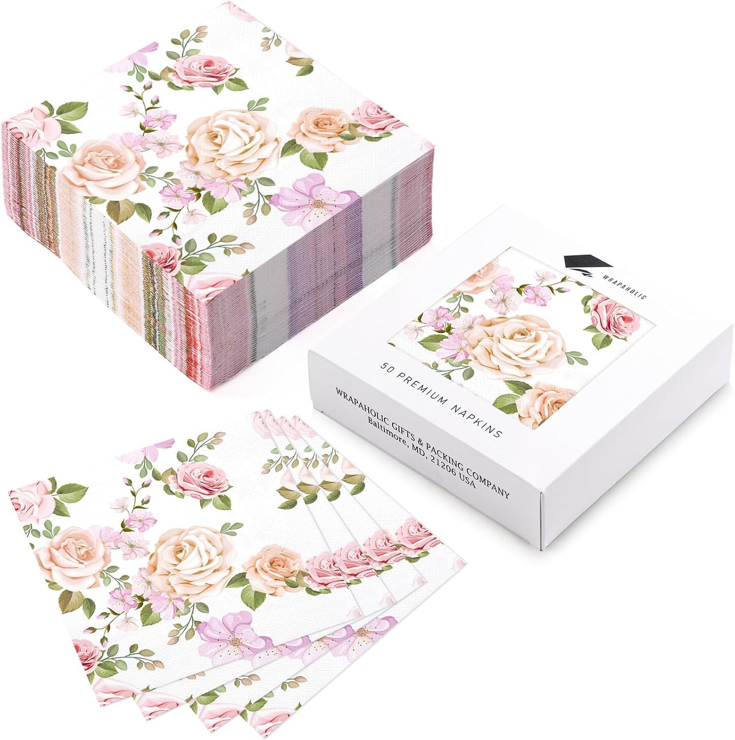 WRAPAHOLIC 50Pcs Pink Floral Cocktail Napkins - 3-Ply Pink Rose and Blossom Disposable Paper Napkins for Wedding Party Tableware Party Supplies - 5 x 5 In