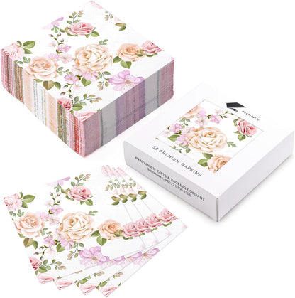 WRAPAHOLIC 50Pcs Pink Floral Cocktail Napkins - 3-Ply Pink Rose and Blossom Disposable Paper Napkins for Wedding Party Tableware Party Supplies - 5 x 5 In