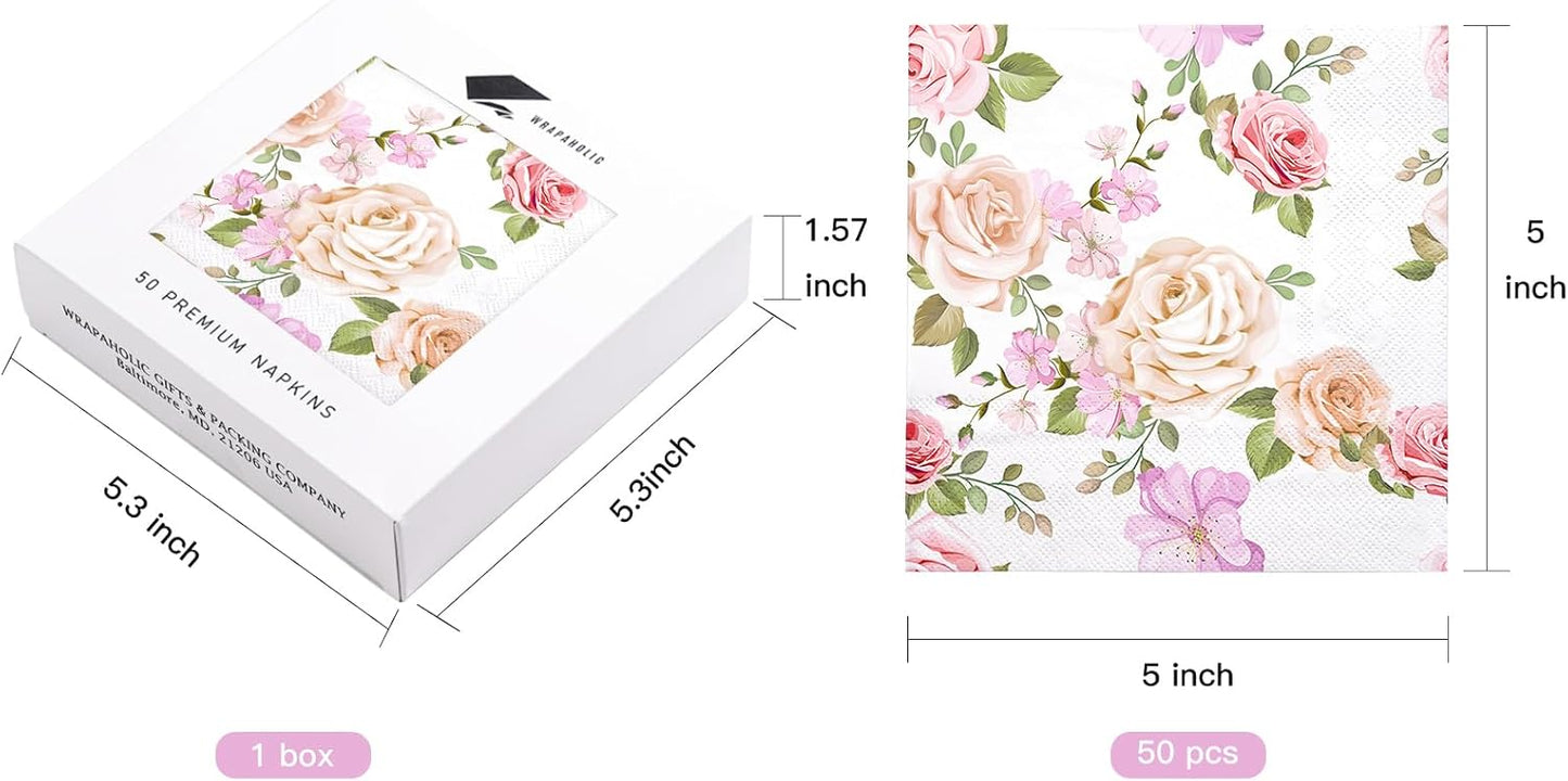 WRAPAHOLIC 50Pcs Pink Floral Cocktail Napkins - 3-Ply Pink Rose and Blossom Disposable Paper Napkins for Wedding Party Tableware Party Supplies - 5 x 5 In