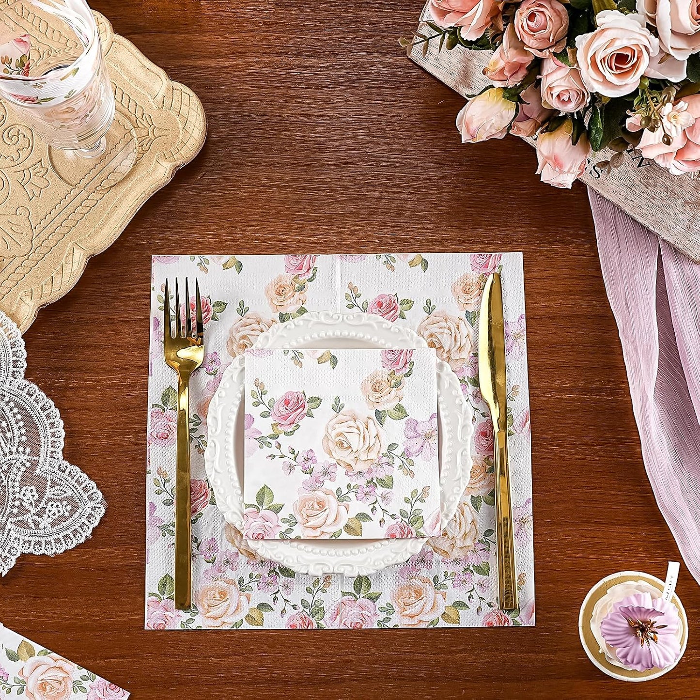 WRAPAHOLIC 50Pcs Pink Floral Cocktail Napkins - 3-Ply Pink Rose and Blossom Disposable Paper Napkins for Wedding Party Tableware Party Supplies - 5 x 5 In