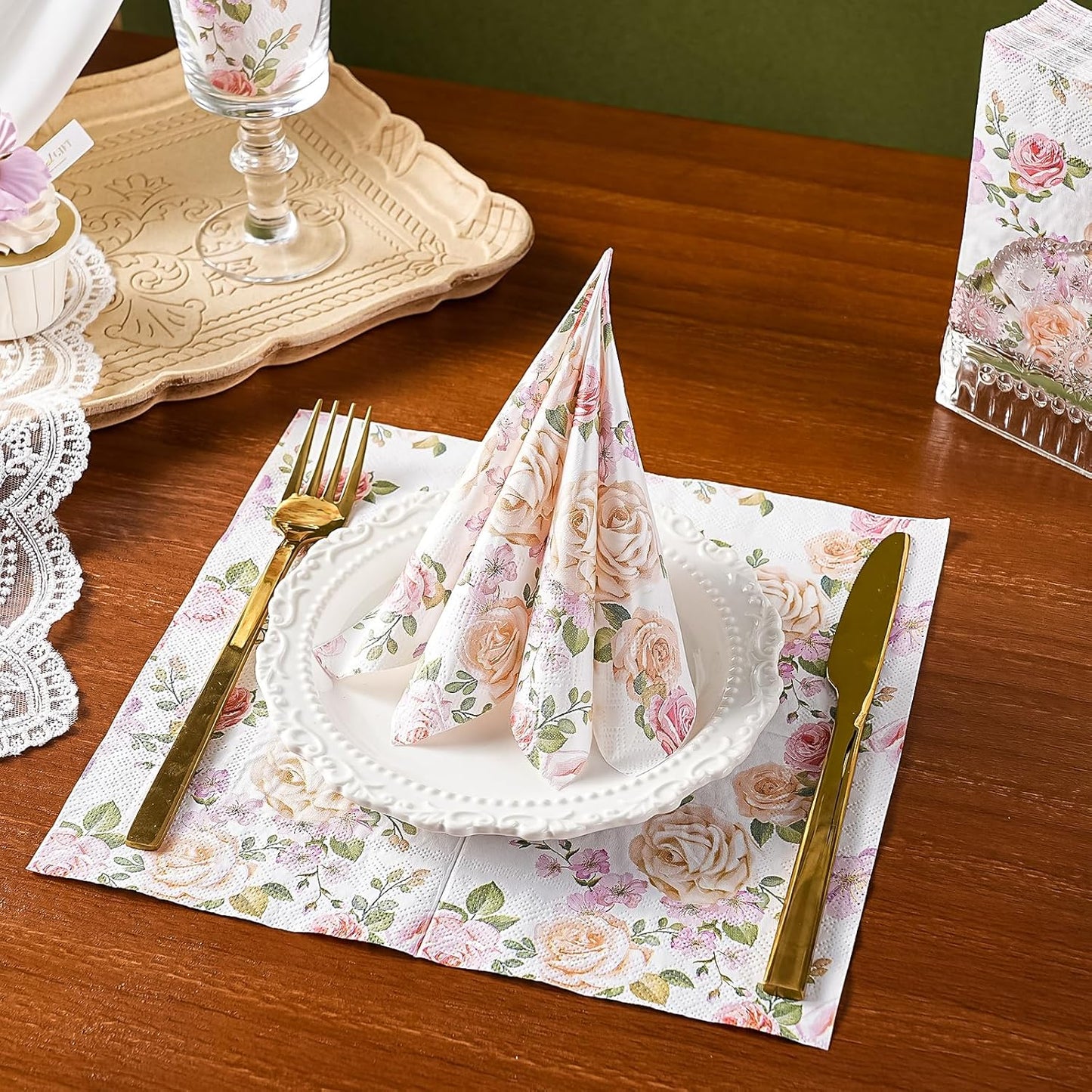 WRAPAHOLIC 50Pcs Pink Floral Cocktail Napkins - 3-Ply Pink Rose and Blossom Disposable Paper Napkins for Wedding Party Tableware Party Supplies - 5 x 5 In