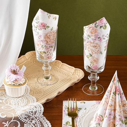 WRAPAHOLIC 50Pcs Pink Floral Cocktail Napkins - 3-Ply Pink Rose and Blossom Disposable Paper Napkins for Wedding Party Tableware Party Supplies - 5 x 5 In