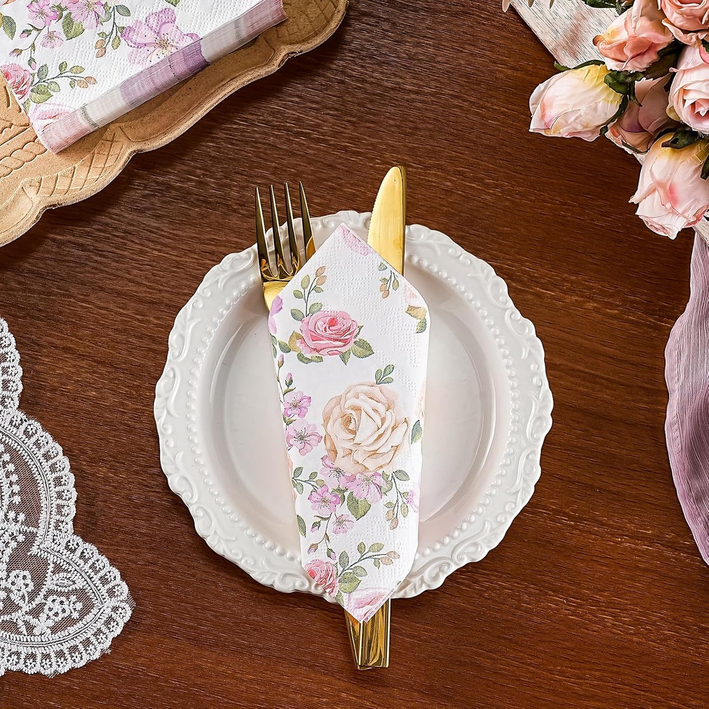 WRAPAHOLIC 50Pcs Pink Floral Cocktail Napkins - 3-Ply Pink Rose and Blossom Disposable Paper Napkins for Wedding Party Tableware Party Supplies - 5 x 5 In