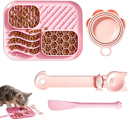 3 Piece Slow Feeder Cat Bowl Set 4 in 1 Cat Treat Dispenser and Wet Food Spoon Anti Slip Anti Spill for Home and Travel Pink