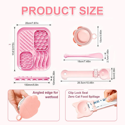 3 Piece Slow Feeder Cat Bowl Set 4 in 1 Cat Treat Dispenser and Wet Food Spoon Anti Slip Anti Spill for Home and Travel Pink
