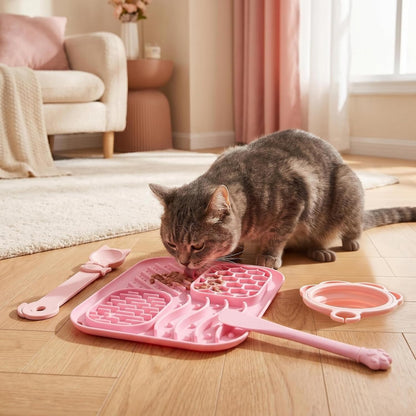 3 Piece Slow Feeder Cat Bowl Set 4 in 1 Cat Treat Dispenser and Wet Food Spoon Anti Slip Anti Spill for Home and Travel Pink