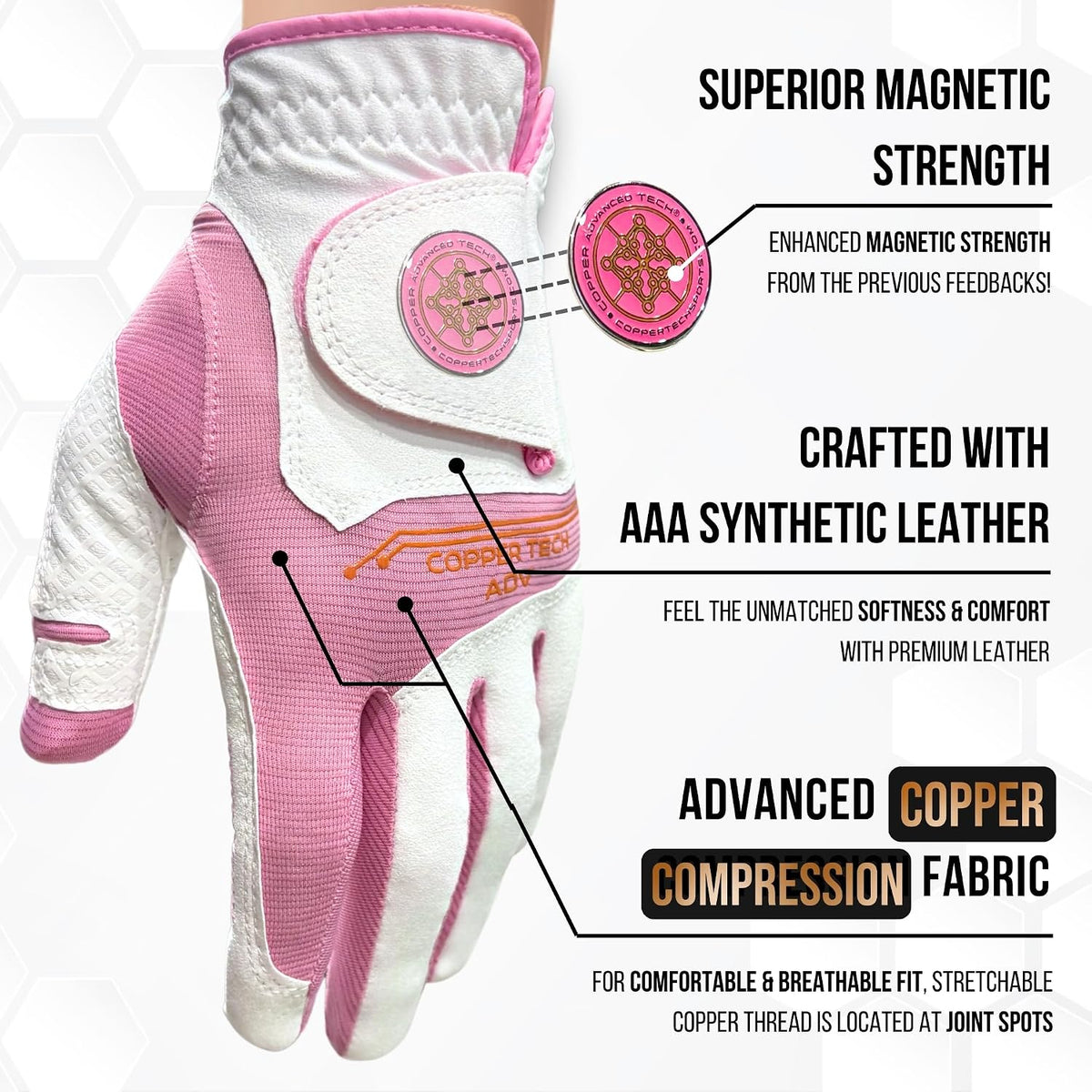 Copper Advanced Tech 2.0 Golf Gloves for Women | Copper Compression Joint Support Golf Glove with Tacky Grip, Tear Resistant Durability, All Weather Grip Control, Comfort for Weak Grip and Arthritis