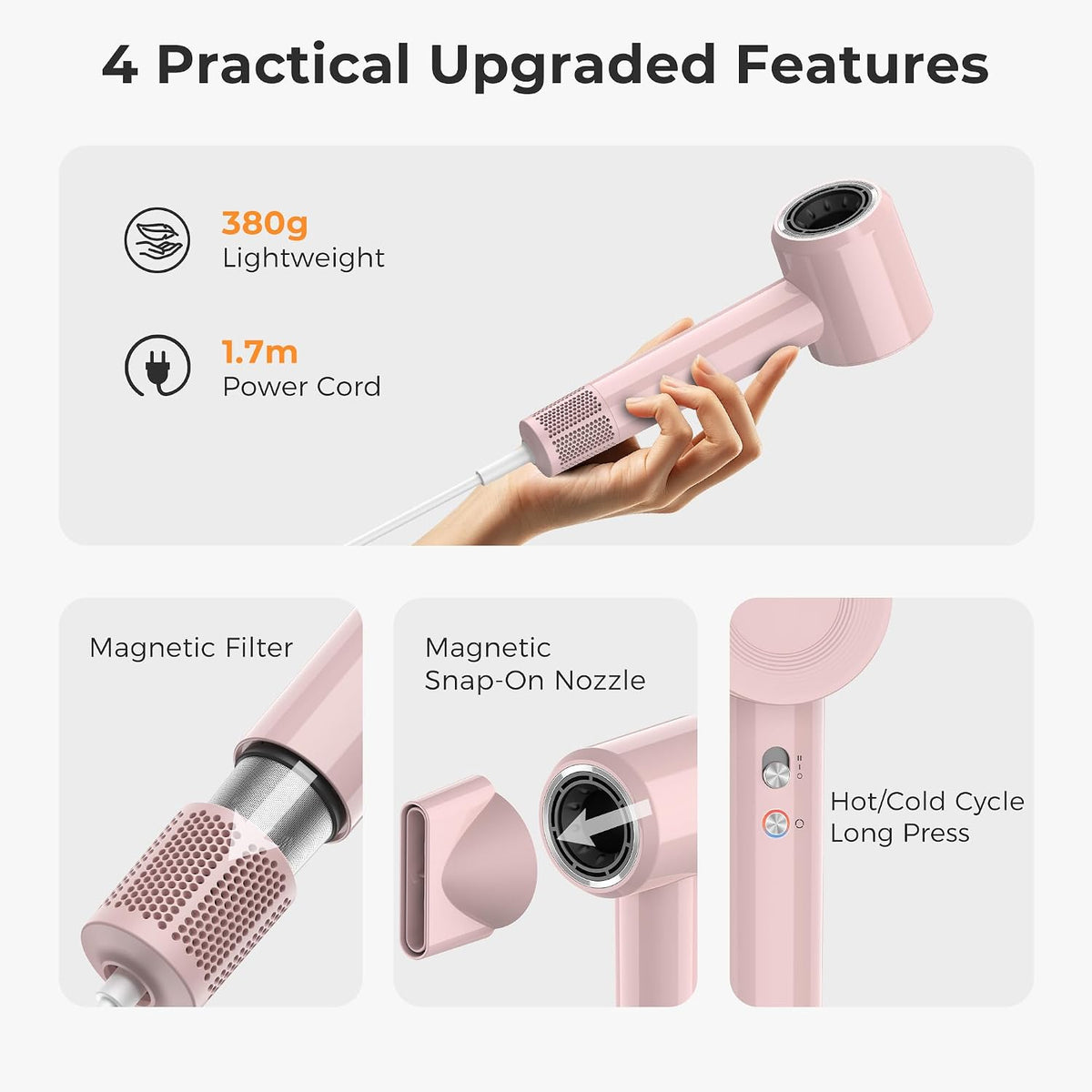 Hair Dryer, High Speed Ionic Blow Dryer, Light Pink