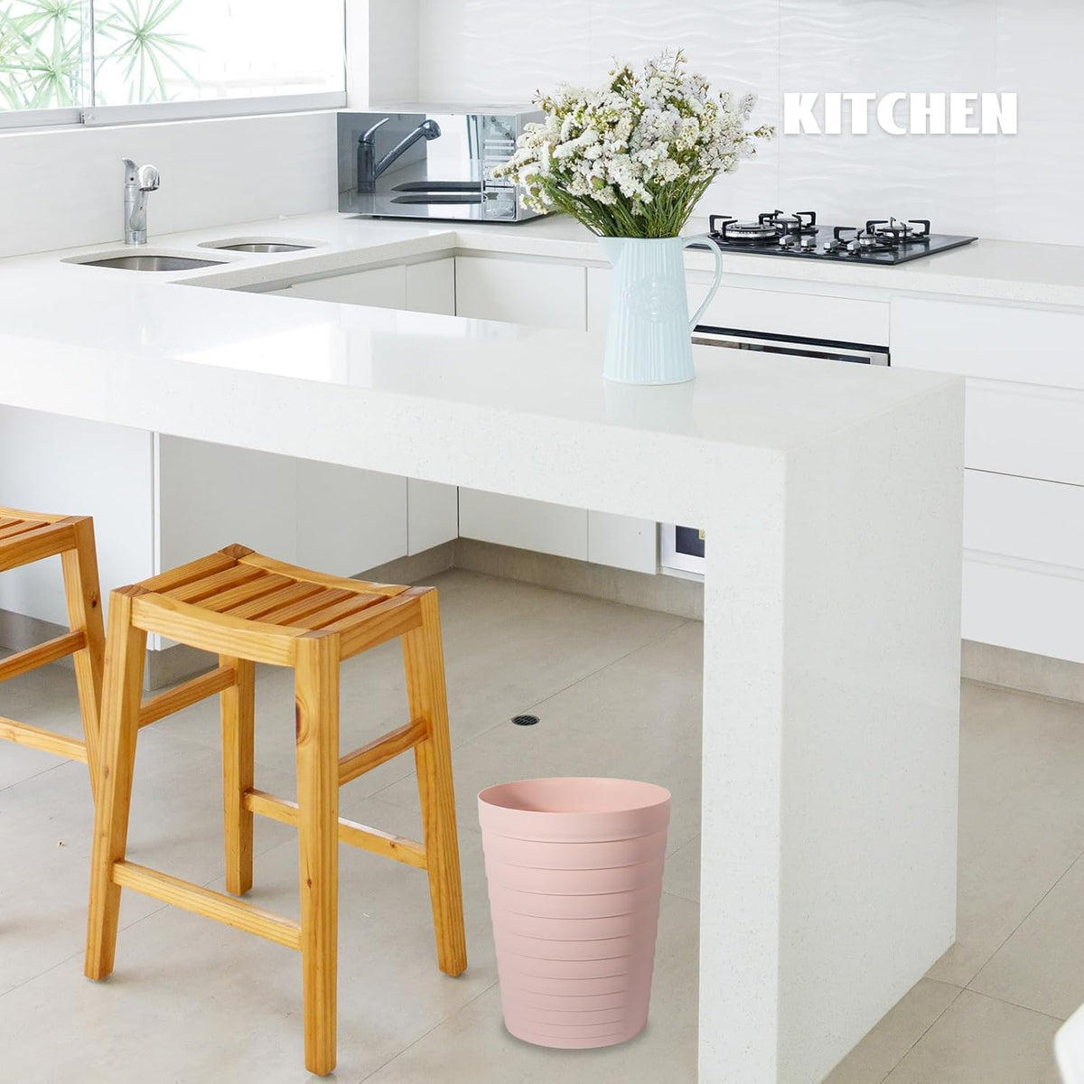 Small Bathroom Trash Can Wastebasket, Plastic Garbage Bin Container Basket for Bathrooms, Laundry Room, Kitchens, Offices, Kids Rooms, Dorms, Pink, 1.8 Gallon