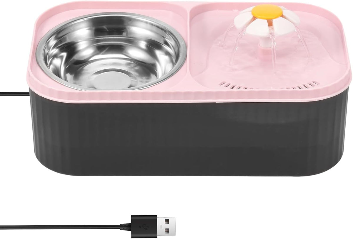 2 in 1 Cat Water Fountain and Food Bowl, 102oz/3L Pet Fountain for Drinking with Quadruple Filtration System, Automatic Fountain and Stainless Steel Bowl for Cats, Dogs, Small Animals (Pink, 3L)