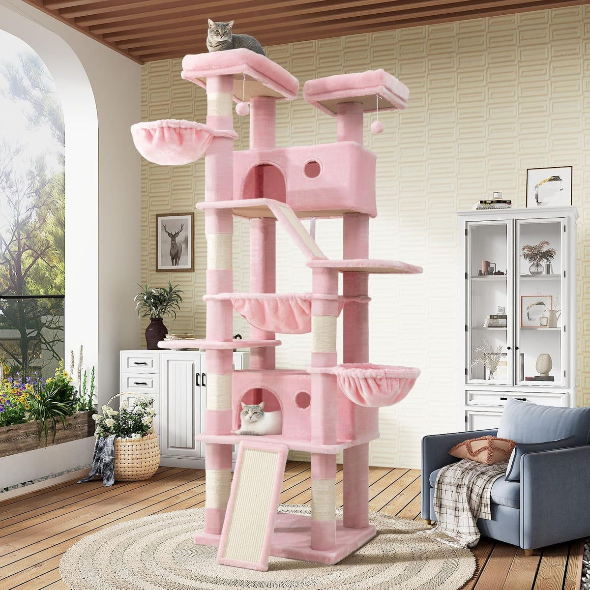 81in Multi-Level Tall Cat Tree Tower for Indoor Kitties/Larger Cat Condo Furniture with Hammock/Cozy Pussycat Perches/Sisal Scratching Posts/Pet House/Wide Base/Pink