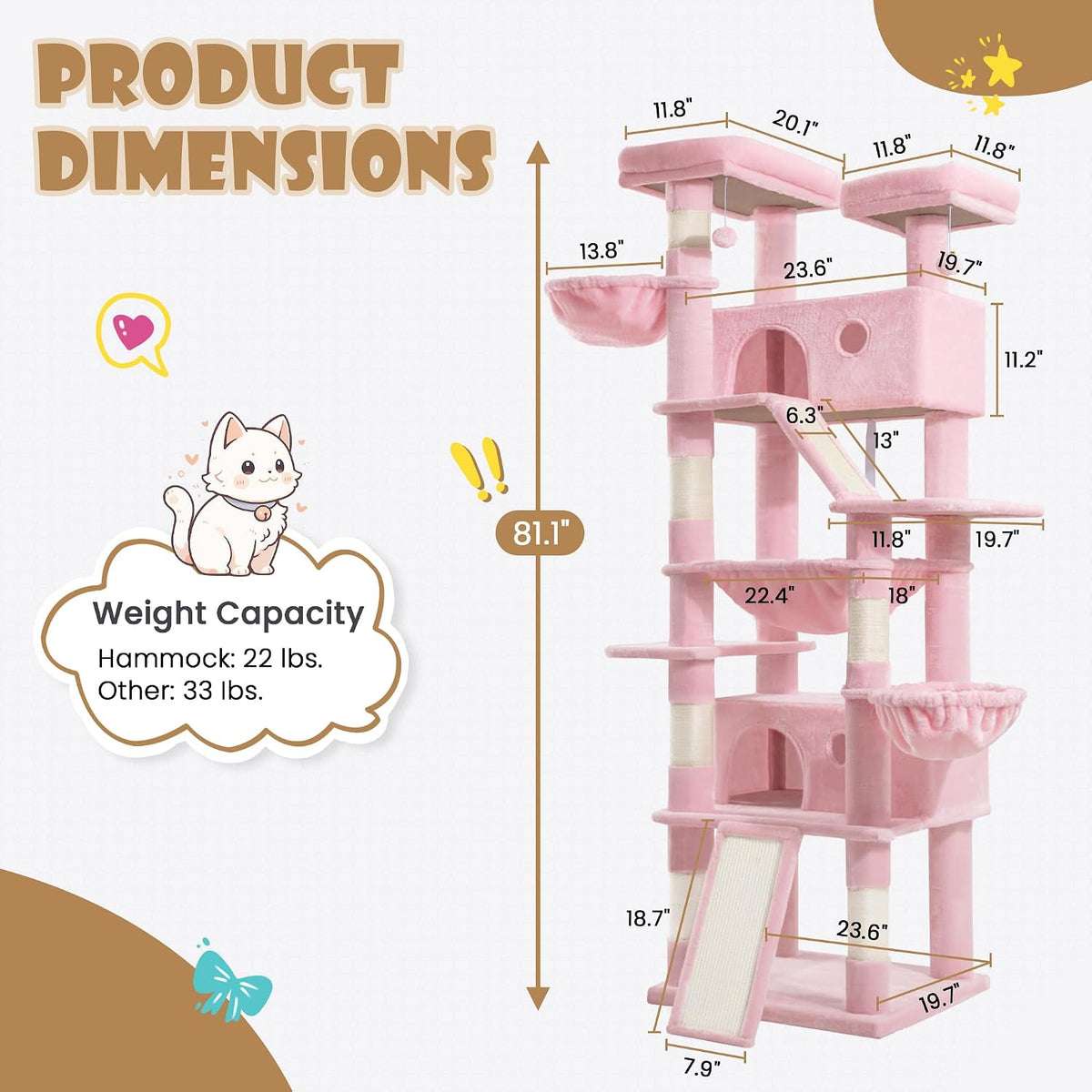 81in Multi-Level Tall Cat Tree Tower for Indoor Kitties/Larger Cat Condo Furniture with Hammock/Cozy Pussycat Perches/Sisal Scratching Posts/Pet House/Wide Base/Pink