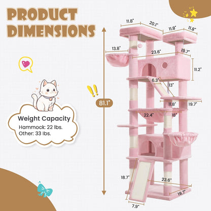 81in Multi-Level Tall Cat Tree Tower for Indoor Kitties/Larger Cat Condo Furniture with Hammock/Cozy Pussycat Perches/Sisal Scratching Posts/Pet House/Wide Base/Pink