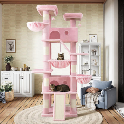81in Multi-Level Tall Cat Tree Tower for Indoor Kitties/Larger Cat Condo Furniture with Hammock/Cozy Pussycat Perches/Sisal Scratching Posts/Pet House/Wide Base/Pink