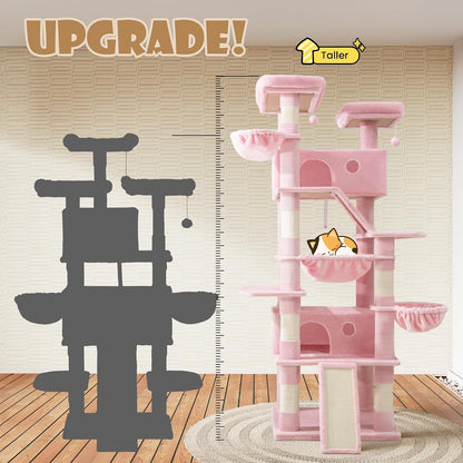 81in Multi-Level Tall Cat Tree Tower for Indoor Kitties/Larger Cat Condo Furniture with Hammock/Cozy Pussycat Perches/Sisal Scratching Posts/Pet House/Wide Base/Pink