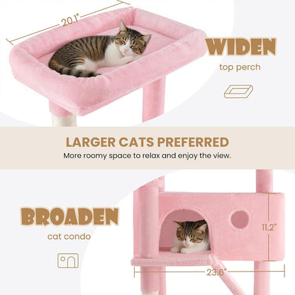 81in Multi-Level Tall Cat Tree Tower for Indoor Kitties/Larger Cat Condo Furniture with Hammock/Cozy Pussycat Perches/Sisal Scratching Posts/Pet House/Wide Base/Pink