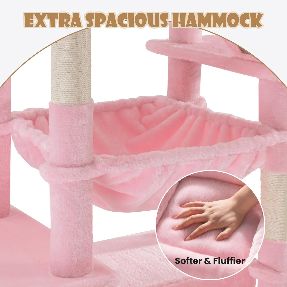 81in Multi-Level Tall Cat Tree Tower for Indoor Kitties/Larger Cat Condo Furniture with Hammock/Cozy Pussycat Perches/Sisal Scratching Posts/Pet House/Wide Base/Pink