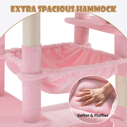 81in Multi-Level Tall Cat Tree Tower for Indoor Kitties/Larger Cat Condo Furniture with Hammock/Cozy Pussycat Perches/Sisal Scratching Posts/Pet House/Wide Base/Pink