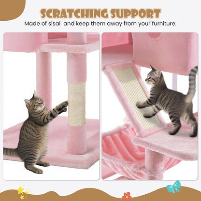 81in Multi-Level Tall Cat Tree Tower for Indoor Kitties/Larger Cat Condo Furniture with Hammock/Cozy Pussycat Perches/Sisal Scratching Posts/Pet House/Wide Base/Pink