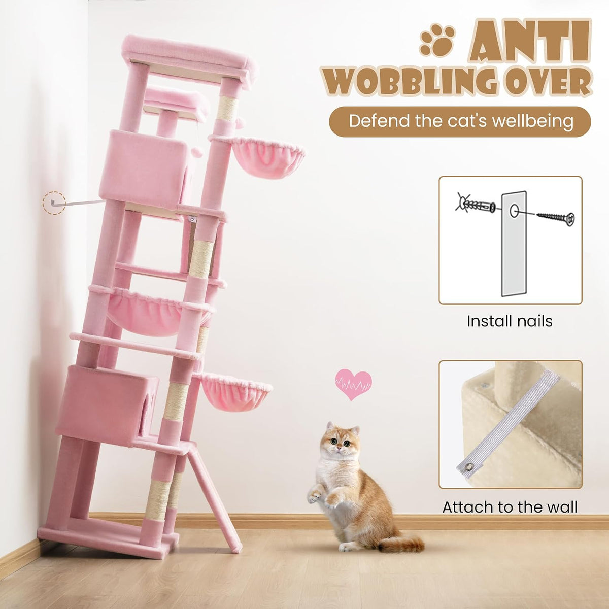 81in Multi-Level Tall Cat Tree Tower for Indoor Kitties/Larger Cat Condo Furniture with Hammock/Cozy Pussycat Perches/Sisal Scratching Posts/Pet House/Wide Base/Pink