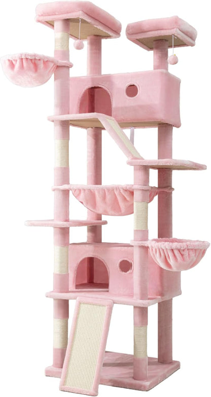 81in Multi-Level Tall Cat Tree Tower for Indoor Kitties/Larger Cat Condo Furniture with Hammock/Cozy Pussycat Perches/Sisal Scratching Posts/Pet House/Wide Base/Pink