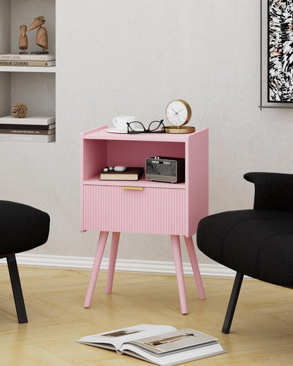 Nightstand,Modern Bedside Table with Storage Drawer and Open Wood Shelf, for Living Room, Bedroom and Small Spaces, Accent Night Stand with Solid Wood Legs, Easy Assembly,Classic Pink