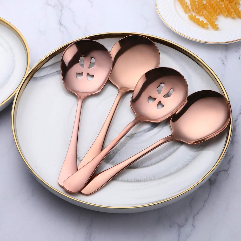Serving Spoons Set, Stainless Steel Slotted Serving Spoon 4 Pack Buffet Banquet Party Hotel Kitchen Serving Set (Rose Gold, 4 Pack)