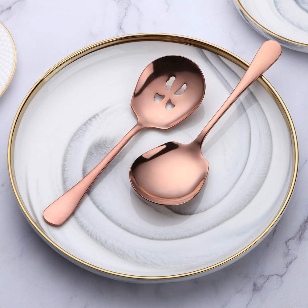 Serving Spoons Set, Stainless Steel Slotted Serving Spoon 4 Pack Buffet Banquet Party Hotel Kitchen Serving Set (Rose Gold, 4 Pack)