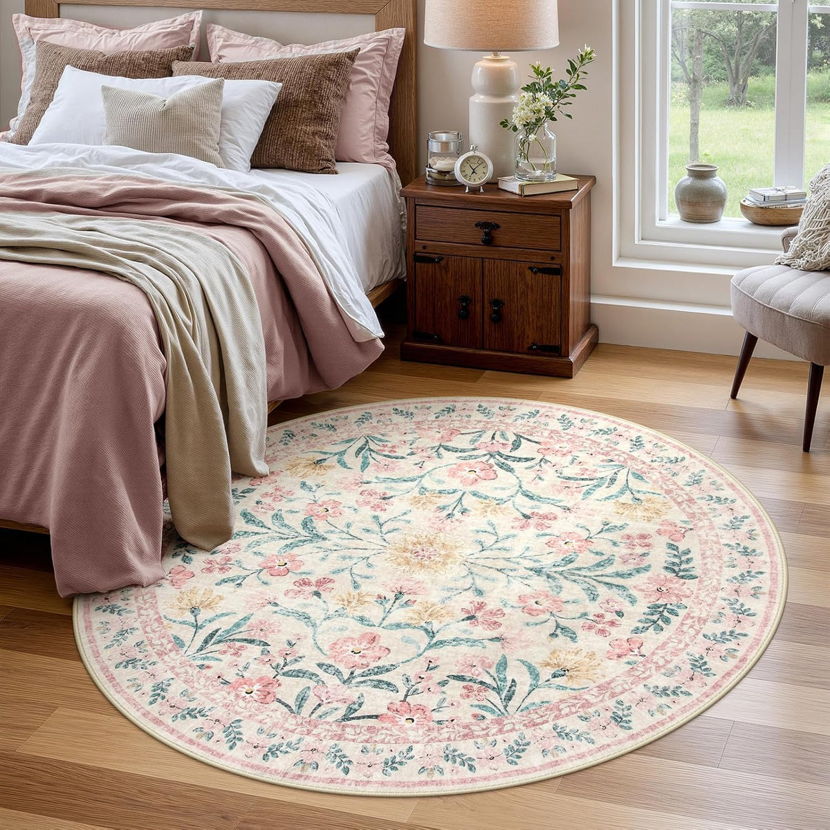 Pink Floral Round Rugs 5ft, Soft Circle Rug Non Slip Washable Round Carpet, Boho Non-Shedding Flower Distressed Circle Carpets for Bedroom Girls Room Nursery