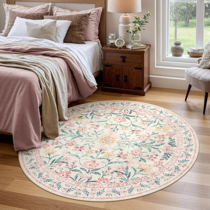 Pink Floral Round Rugs 5ft, Soft Circle Rug Non Slip Washable Round Carpet, Boho Non-Shedding Flower Distressed Circle Carpets for Bedroom Girls Room Nursery