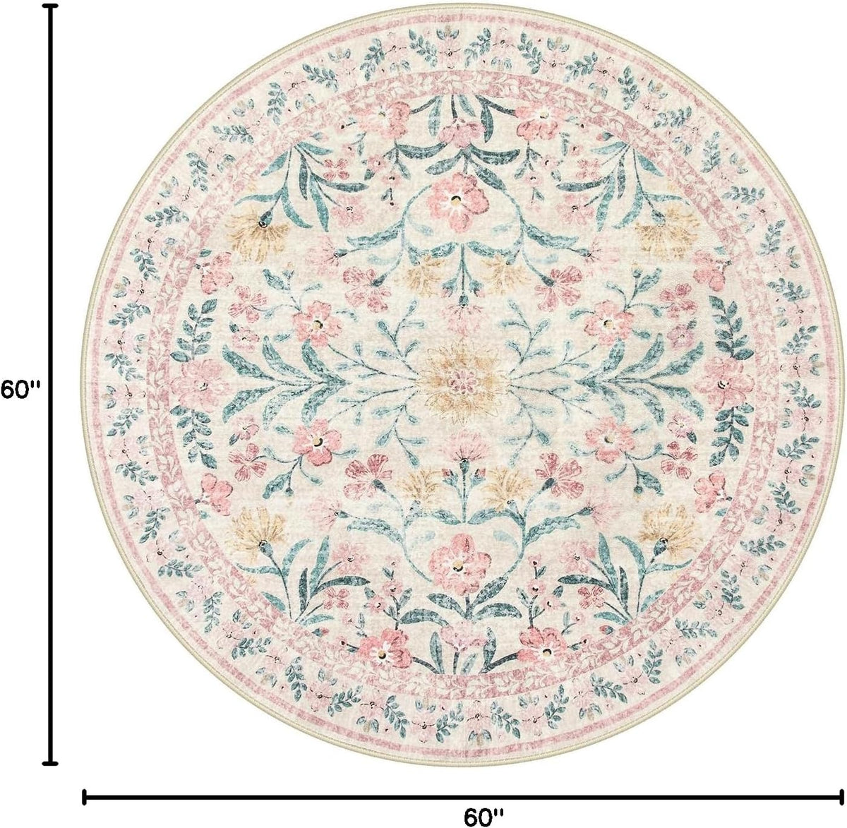 Pink Floral Round Rugs 5ft, Soft Circle Rug Non Slip Washable Round Carpet, Boho Non-Shedding Flower Distressed Circle Carpets for Bedroom Girls Room Nursery