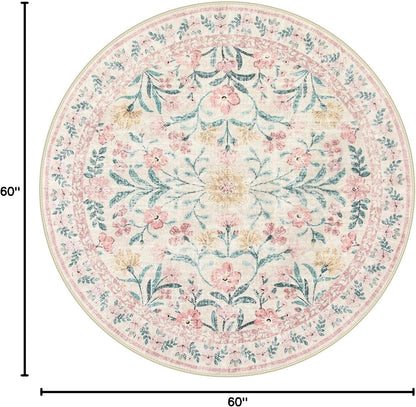 Pink Floral Round Rugs 5ft, Soft Circle Rug Non Slip Washable Round Carpet, Boho Non-Shedding Flower Distressed Circle Carpets for Bedroom Girls Room Nursery