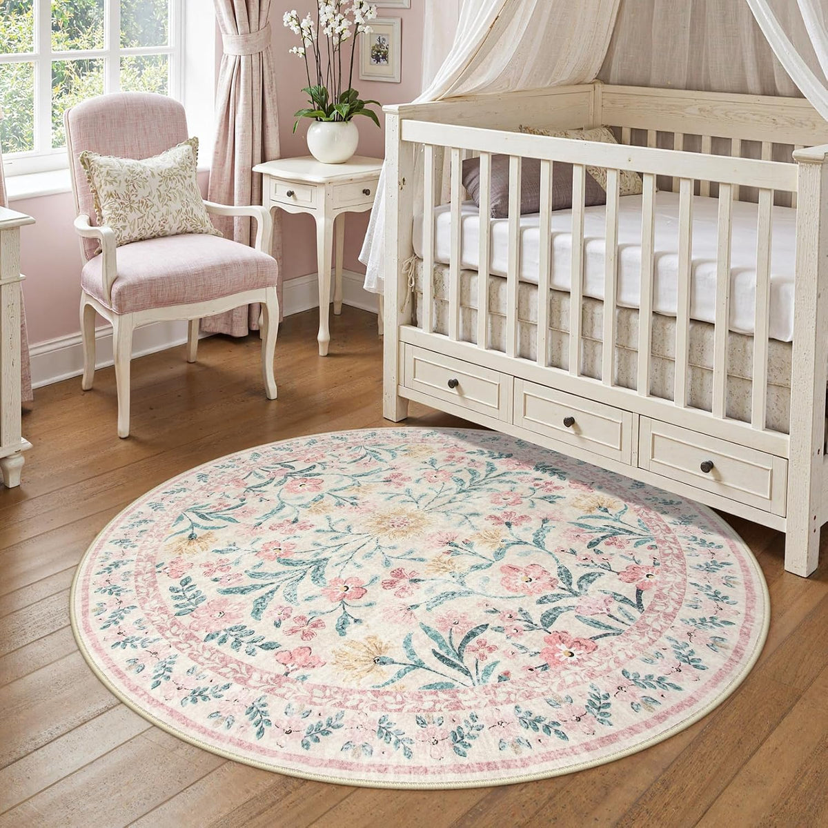 Pink Floral Round Rugs 5ft, Soft Circle Rug Non Slip Washable Round Carpet, Boho Non-Shedding Flower Distressed Circle Carpets for Bedroom Girls Room Nursery